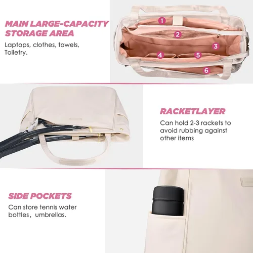 Miniatura 4 de CHICECO Bolsa de tenis para mujer, bolsa de raqueta de tenis grande, bolsa de tenis 2 raquetas, bolsa de pickleball, bolsa de pádel Beige
