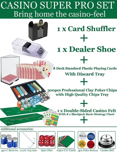 Miniatura 2 de Juego de Casino Definitivo: Barajador de 6 Mazos+300 Fichas de Alta Gama+8 Cartas de Póker Profesionales de Plástico+Dispensador de Cartas+Rastrillo