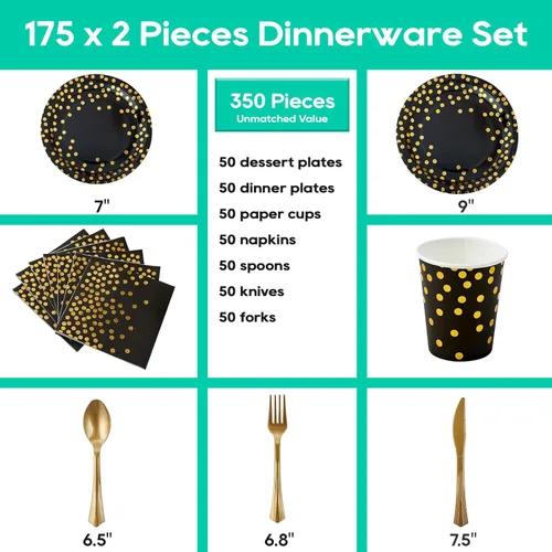 Miniatura 2 de Suministros de fiesta negros y dorados, juego de vajilla desechable de 350 piezas, platos de papel negro, servilletas, vasos, tenedores de plástico