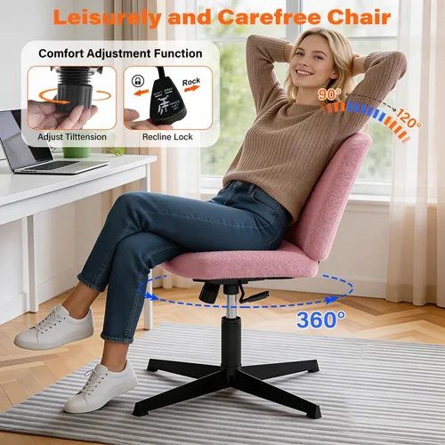 Miniatura 7 de PayLessHere Silla cruzada Rosa Silla de escritorio ancha y sin brazos sin ruedas Giratorio 360, altura ajustable y base de metal estable