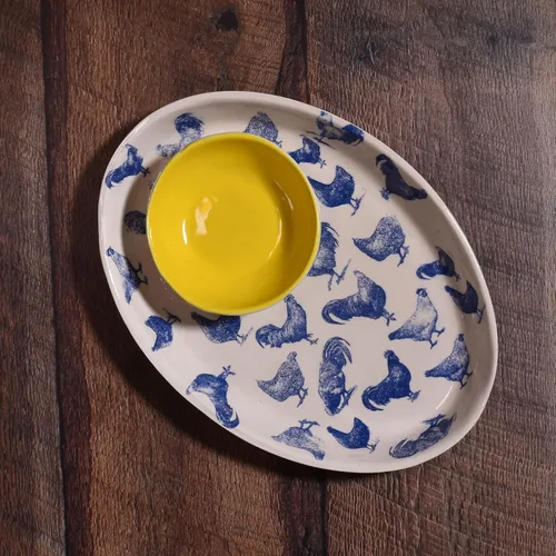Miniatura 4 de Vintage Chickens - Plato ovalado pequeño, cerámica americana hecha a mano, azul/blanco