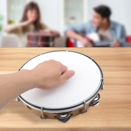 Miniatura 5 de Pandereta de 10 pulgadas para adultos, tambor musical de mano con doble jingles de metal, panderetas de mano para iglesia, baile, fiesta, decoración