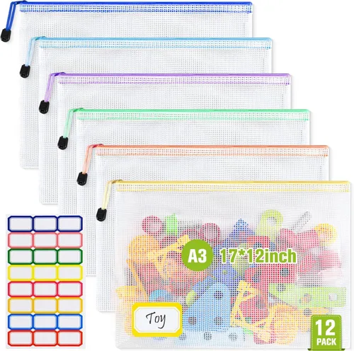 Miniatura 12 de Bolsa de malla con cremallera, 6 bolsas de malla de plástico impermeable con cremallera, bolsa de documentos de tamaño B4, bolsas extra grandes