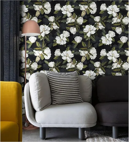 Miniatura 3 de HAOKHOME Papel tapiz floral Gardenia removible de vinilo negro/blanco/verde, autoadhesivo de 17.7 pulgadas x 32.8 pies Negro/Blanco/Verde/Gris