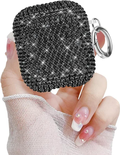 Newseego Funda para AirPods de 1 y 2 generación, funda de lujo con diamantes de imitación brillantes con llavero para mujeres y niñas, anti-pérdida