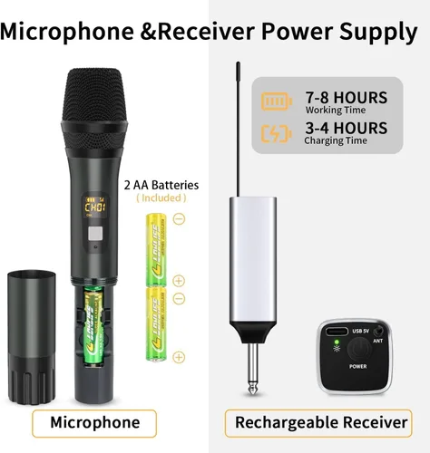 Miniatura 4 de Micrófono inalámbrico, sistema de micrófono dinámico inalámbrico de metal dual UHF de mano con receptor recargable, rango de 200 pies, para karaoke