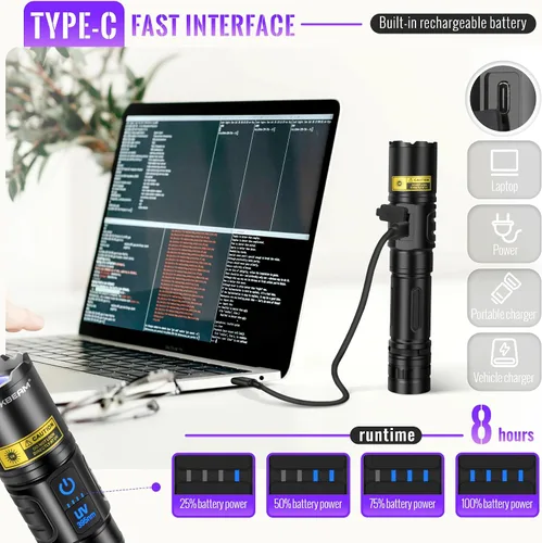 Miniatura 7 de DARKBEAM Linterna UV 365nm y 395nm Luz Negra Dual, Linterna Ultravioleta LED Recargable por USB con Luz Negra, Lámpara Woods Enfocable Potente