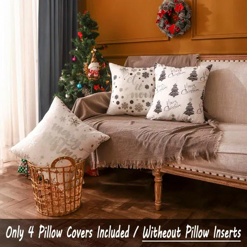 Miniatura 7 de JOJOGOGO Decoraciones de Navidad Fundas de Almohada de Navidad Plateadas y Blancas 18x18 Juego de 4, Decoración de Navidad Plateada Copos de Nieve