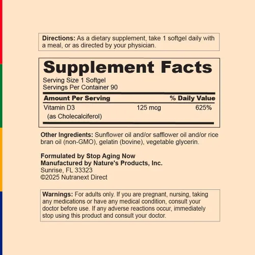 Miniatura 4 de Stop Aging Now - Cápsulas blandas de suplemento de vitamina D3 D-Pure (5000 UI) - 90