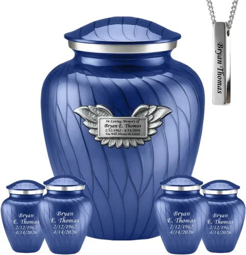 Miniatura 21 de Juego de 6 urnas funerarias decorativas negras y doradas personalizadas/grabadas para cenizas humanas, hombres y mujeres, con 1 urna grande