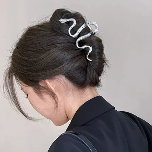 Miniatura 3 de AIUPUOC Accesorios grandes de metal plateado de serpiente: pinzas para el pelo gruesas elegantes, pasadores, horquillas de plátano para mujeres