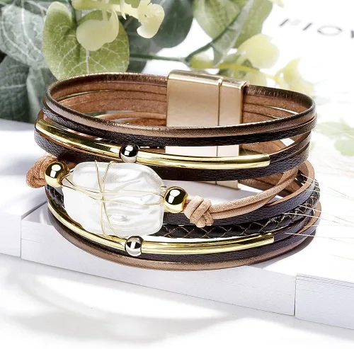Miniatura 4 de Fesciory - Pulsera de leopardo para mujer, estilo bohemio de cuero multicapa con perlas de cristal