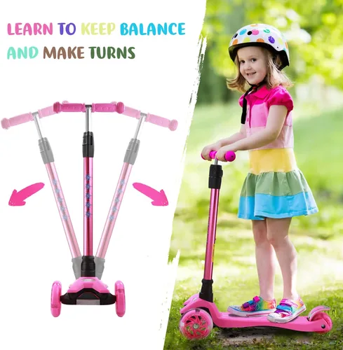 Miniatura 5 de Patinete de 3 ruedas para niños de 6 a 12 años, patinete infantil con ruedas iluminadas, diseño de cubierta resistente y 4 alturas ajustables, Rosa
