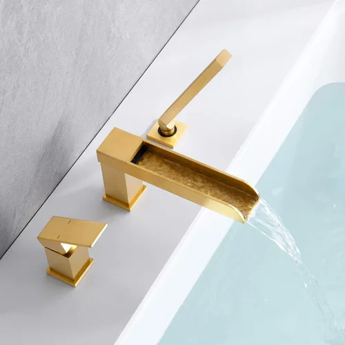 Miniatura 5 de Wowkk Grifos de Cascada para Bañera Romana de Montaje en Cubierta, Grifos de Bañera de Oro Cepillado, Grifos de Bañera de Latón con Relleno