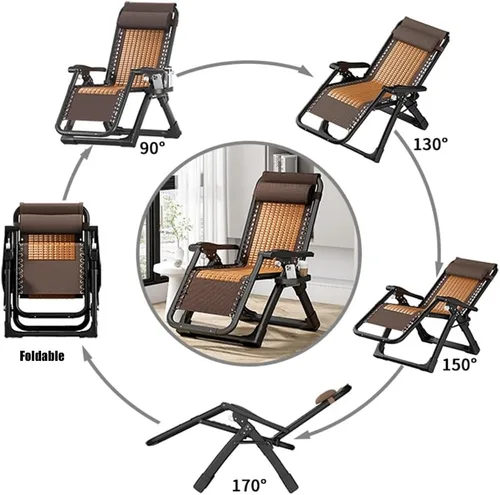Miniatura 7 de Zero Gravity - Silla reclinable plegable ajustable de bambú con almohada y soporte para tazas, patio, césped, reclinable, para exteriores, piscina