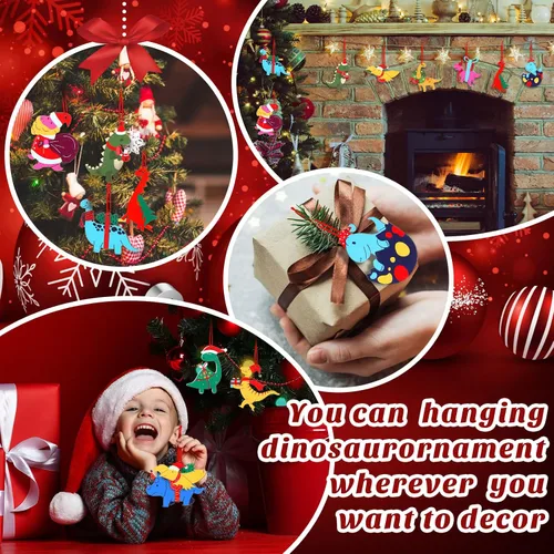 Miniatura 6 de 48 piezas de adorno de dinosaurio de Navidad para niños, adornos de dinosaurio de madera, figuras de dinosaurio, adorno colgante de madera