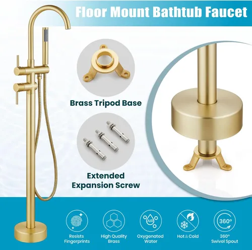 Miniatura 7 de gotonovo Grifo de bañera de montaje en el suelo, grifo de ducha independiente de alto flujo con boquilla giratoria de cuello de cisne de 360°