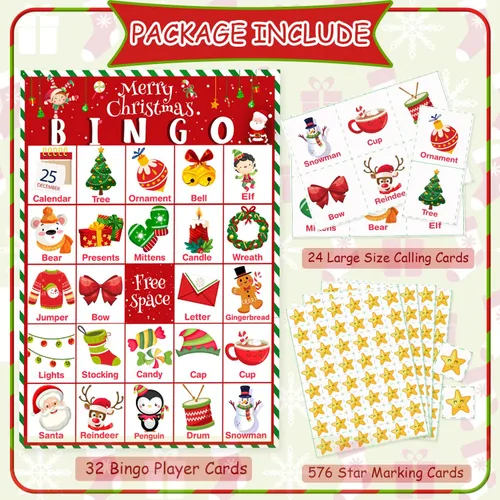 Miniatura 3 de Officygnet Juego de bingo de Navidad para niños, tarjetas de bingo de Navidad para 32 jugadores para actividades familiares, grupos grandes, aula
