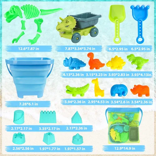 Miniatura 7 de FUSPWEAO Juguetes de playa, juguetes de arena de dinosaurios con camión volquete y cubo de playa plegable, pala y rastrillo, bolsa de malla, moldes