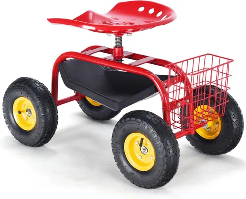 Miniatura 9 de Giantex Asiento de trabajo de jardín rodante, asiento de trabajo de jardinería giratorio 360 con ruedas, cesta de herramientas, altura ajustable