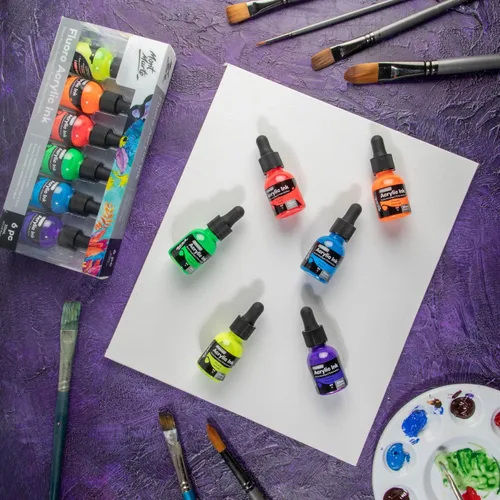 Miniatura 6 de Mont Marte Tinta acrílica premium de 6 piezas x 20 ml (0,7 fl.oz. EE.UU.), tintas acrílicas para artistas, colores fluoro, ideal para aerógrafo