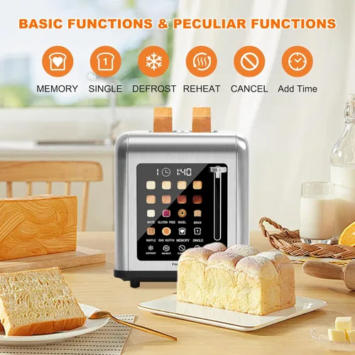 Miniatura 7 de Tostadora de 2 rebanadas con pantalla táctil, tostadoras de acero inoxidable con temporizador digital, tostadoras de 2 ranuras, 8 ajustes de sombra
