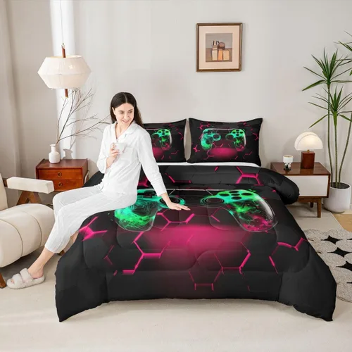 Miniatura 9 de Manfei Juego de edredón moderno de 2 piezas con estampado de consola de videojuegos de panal azul con 1 funda de almohada, juego de ropa de cama