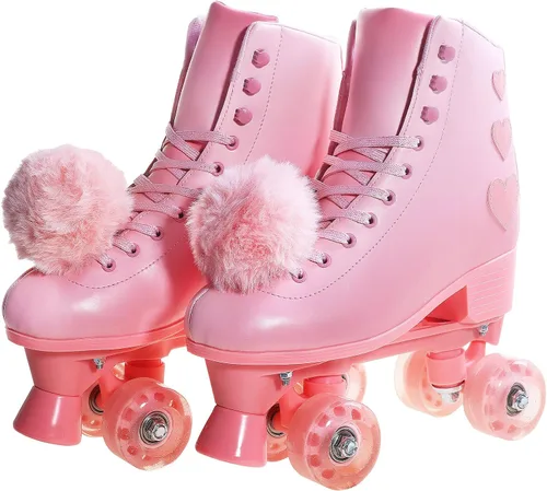Miniatura 3 de Patines de ruedas para mujer, patines de piel sintética de alta calidad, cuatro ruedas rosadas brillantes de doble fila, patines cuádruples