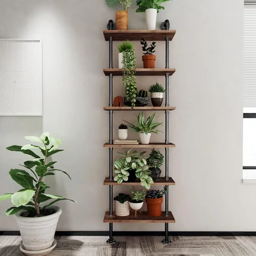 Miniatura 4 de Estantería industrial de tubería rústica con escalera de pared, estante de almacenamiento para sala de estar, cocina, oficina (6 niveles)
