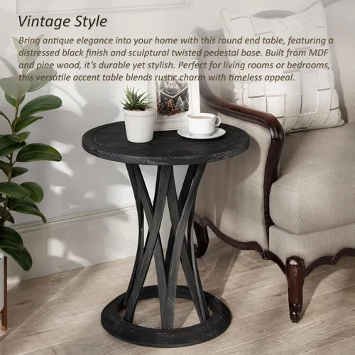Miniatura 3 de COZAYH Mesa auxiliar redonda de granja con base de pedestal entrecruzada, mesa auxiliar con acabado envejecido, mesa decorativa rústica para sala