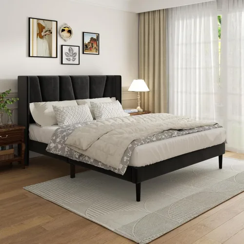 Miniatura 11 de Sismplly Base de cama tamaño Queen con cabecera, cama tamaño Queen tapizada en terciopelo con plataforma y respaldo, base de colchón con soporte