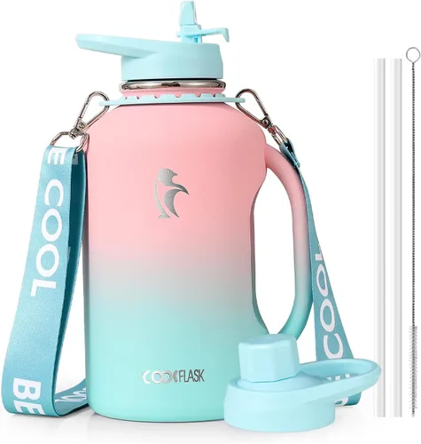 Miniatura 17 de Coolflask - Botella de agua aislada de 64 onzas, jarra de agua de medio galón con asa, popote de acero inoxidable, doble pared, de metal al vacío