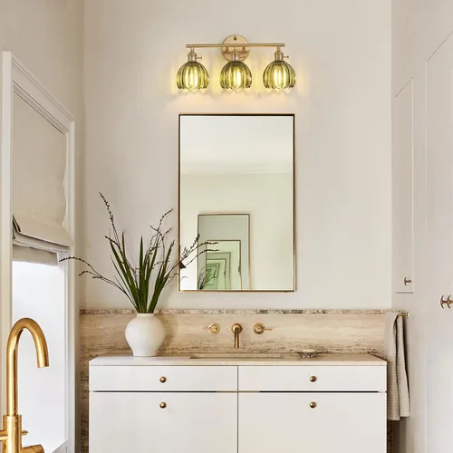Miniatura 2 de Shenmoyl Accesorios de iluminación de baño, lámpara de pared de latón de 3 luces sobre espejo con pantalla de vidrio en forma de tulipán verde