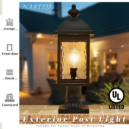 Miniatura 2 de Luz de poste al aire libre de aluminio para exteriores, con cable duro con vidrio ondulado de agua, acabado negro mate, 16 pulgadas de altura