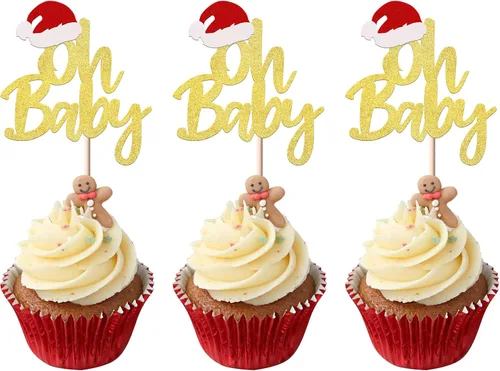 Miniatura 11 de Rsstarxi Paquete de 24 Adornos para Cupcakes Oh Baby de Navidad con Purpurina, Sombreros de Navidad, Palillos para Cupcakes de Baby Shower para Baby