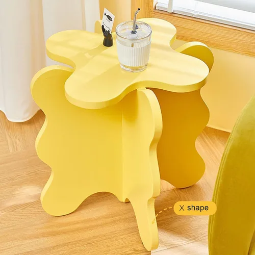 Miniatura 4 de HM&DX Mini mesa de centro de pétalos, mesa auxiliar de madera maciza con ondas de dibujos animados con patas en forma de X, mesas auxiliares