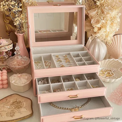 Miniatura 5 de Vlando Joyero para niñas y mujeres, organizador de joyas con tapa de vidrio con 2 cajones para regalos, almacenamiento grande de 3 capas