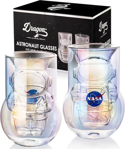 Vasos de astronauta de la NASA - Juego de 2 de 7 oz de doble pared con símbolo de la NASA y parche Artemis - Vajilla única para entusiastas del