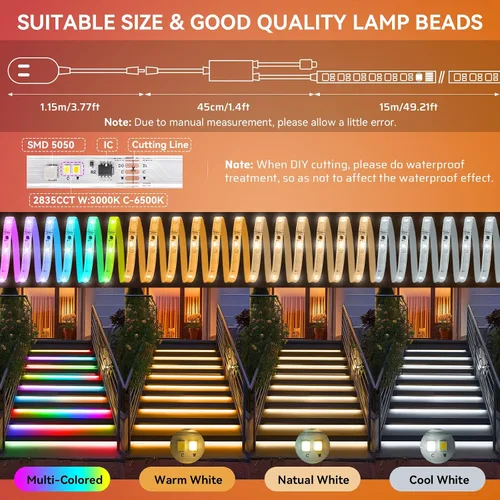 Miniatura 2 de Tira de luces LED RGBWW+IC de 50 pies para exteriores, IP67, impermeable, multicolor+3000K-6500K 24V luces LED con control remoto y aplicación