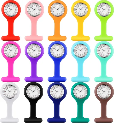 Kenning Paquete de 15 relojes de enfermera con clip para mujeres y hombres, reloj de silicona con solapa de bolsillo, estetoscopio con segunda mano