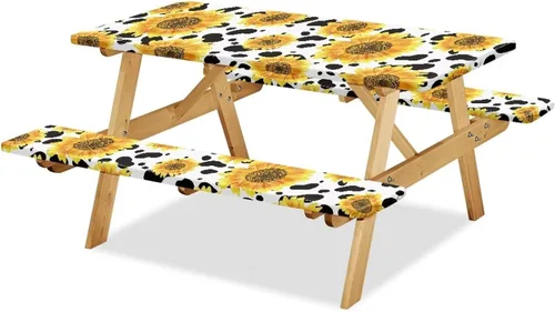 Miniatura 21 de Juego de 3 piezas de mantel de picnic con hojas de arce de pavo y girasol, lavable a máquina, fácil de instalar, funda para mesas y asientos Girasol