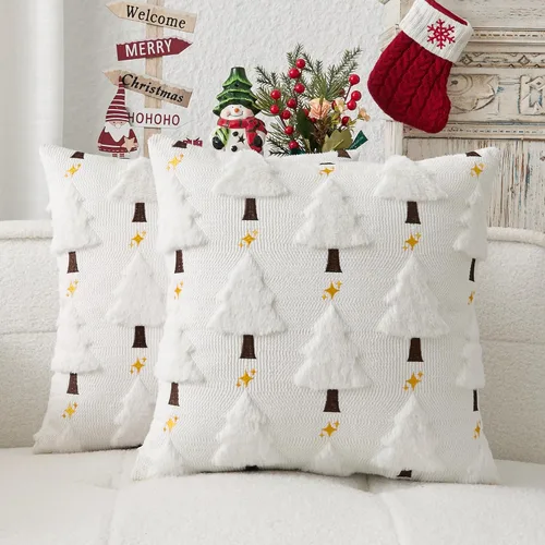 Miniatura 14 de Kevin Textile - Fundas de almohada con diseño de árbol de Navidad de 16 x 16 pulgadas, juego de 2, bordado de lujo, felpa suave, piel sintética