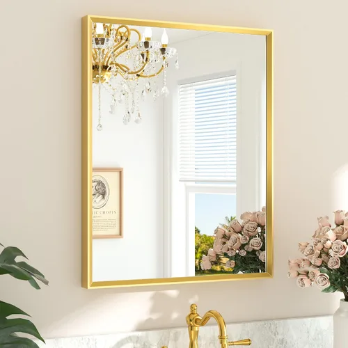 Miniatura 27 de TETOTE Espejo de Baño Dorado de 16" x 20" Latón Dorado Cepillado Rectangular con Marco Biselado Espejo de Tocador de Baño para Sobre el Lavabo