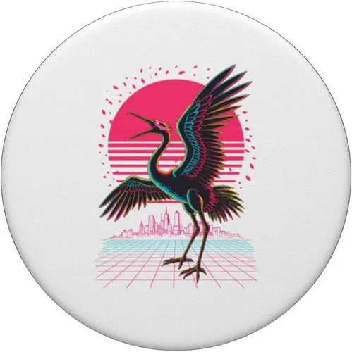 Miniatura 3 de Retro Synthwave Kaiju Monster Whooping Crane City Cranes PopSockets Adhesive PopGrip