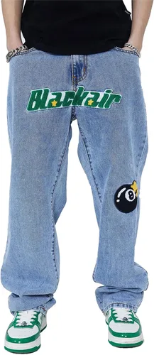 Aelfric Eden Pantalones de mezclilla para hombre con estampado gráfico Y2K Streetwear de moda, holgados, rectos, pierna ancha, pantalones casuales