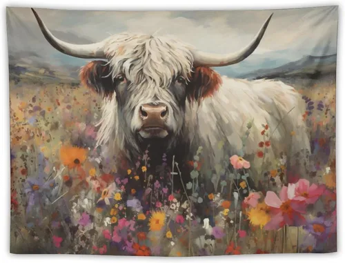 Miniatura 10 de FeoYoed Tapiz de vaca de las montañas para colgar en la pared, estético, lindo y divertido animal, decoración floral, dormitorio, sala de estar
