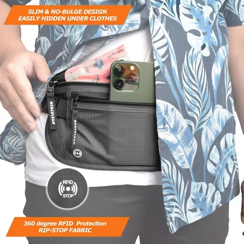 Miniatura 6 de HERCULEAN - Cinturón de viaje para dinero, delgado soporte para pasaporte, bolsa de viaje con bloqueo RFID para proteger el efectivo, tarjetas