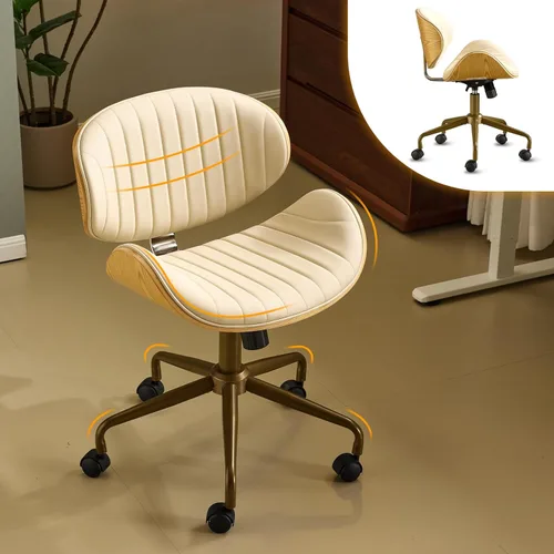 Miniatura 12 de VINGLI Silla giratoria de oficina en casa amplia y cómoda con carcasa curvada de grano de madera, silla de escritorio ergonómica acolchada sin negro
