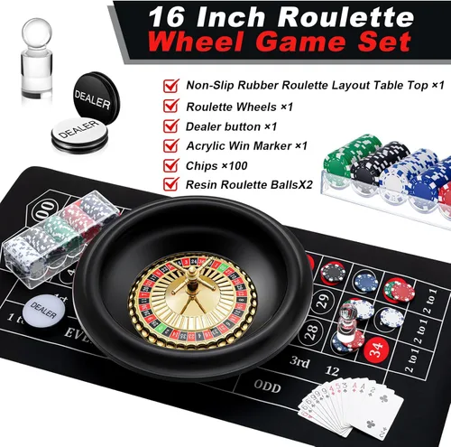 Miniatura 2 de Set de juego de ruleta Lunmon incluye rueda de ruleta negra de 16" (40 cm), tapete de goma para mesa de 35" x 16", 100 fichas, botón de croupier