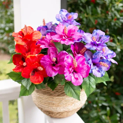 Miniatura 2 de HyeFlora Flores artificiales para exteriores, hibisco sintético, decoración exterior de verano, 4 paquetes de plantas artificiales tropicales